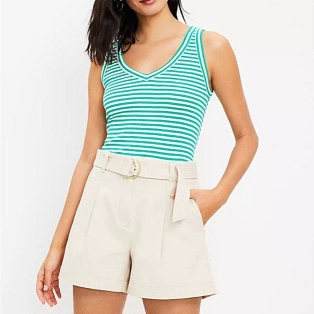 NEW LOFT Khaki High Waisted Pleated Belted Wide Leg Shorts